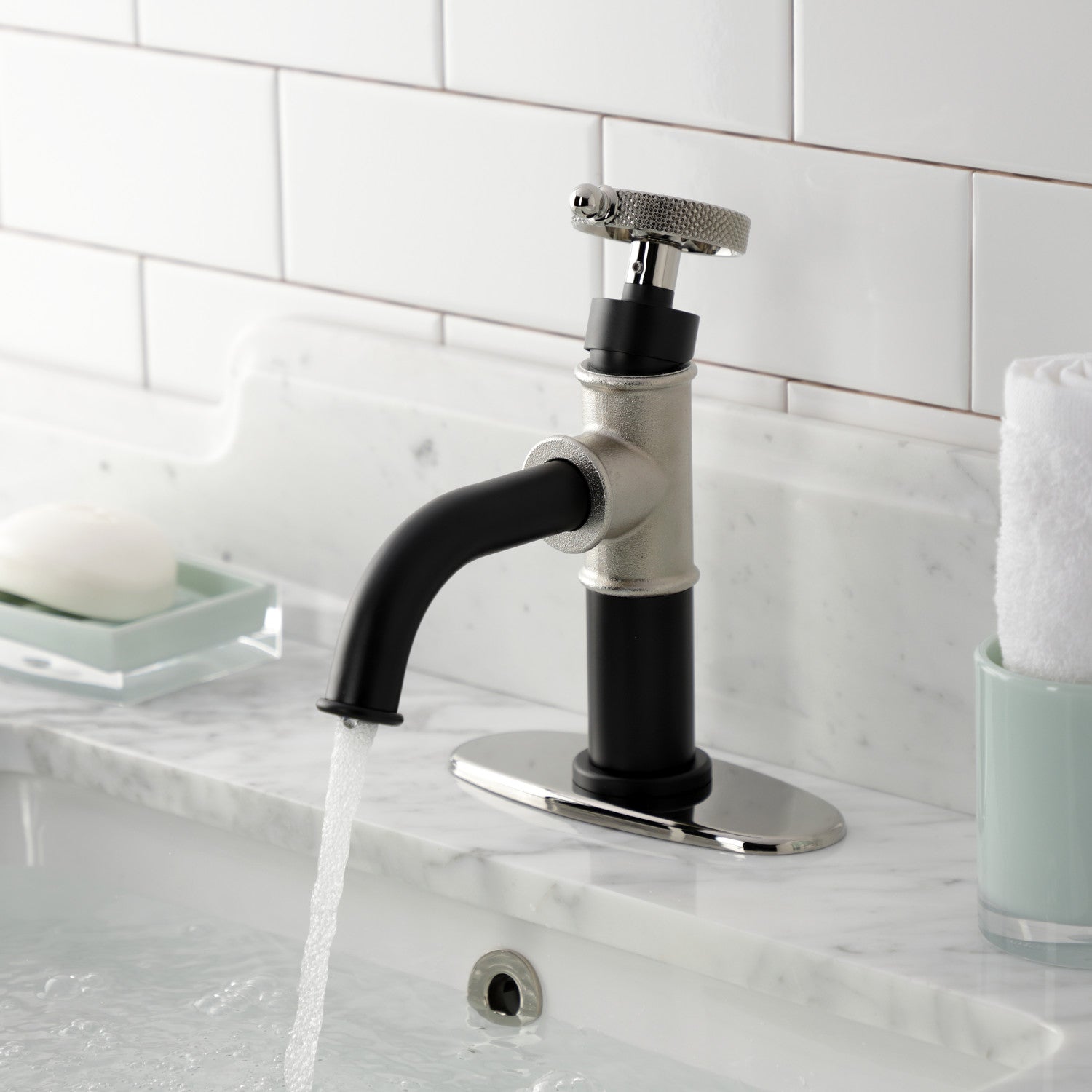 Kingston Sona KSD2826RKX - Webb One-Handle 1-Hole Bathroom Faucet with Knurled Handle, Deck Plate, and Push Pop-Up Drain, Matte Black/Polished Nickel — thumbnail 3